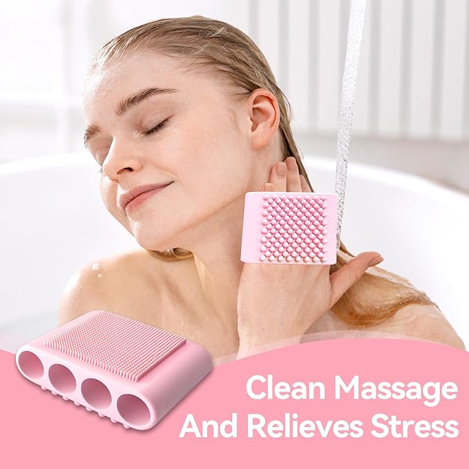 1PCS Silicone Body Scrubber Exfoliator- Bath Loofah & Sponges Alternative 4-Finger Non-Slip Grip Face & Scalp Scrubber for Sensitive Skin Body Brush for Men & Women (Pink)