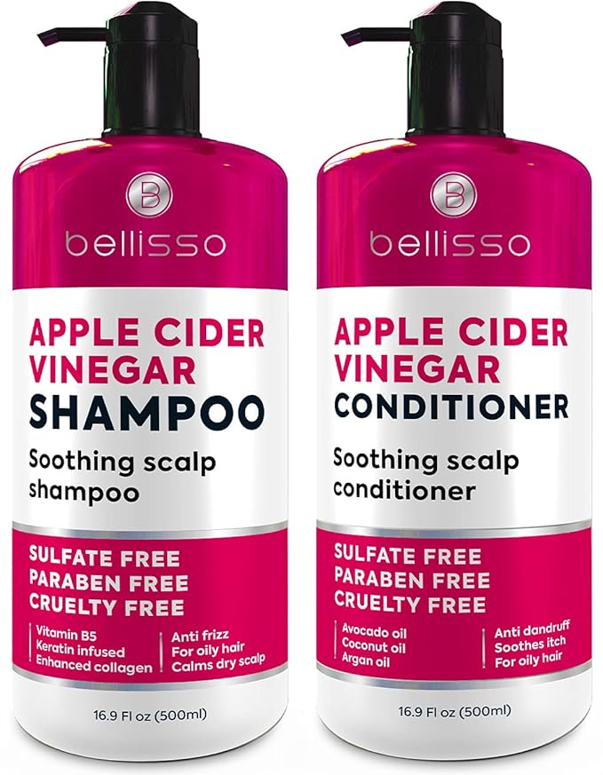 Apple Cider Vinegar Shampoo and Conditioner Set - Stop Flaky and Itchy Scalp – Sulfate Paraben Free Anti Dandruff Soothing Treatment for Dry, Oily and Damaged Hair - Intense Care for Women and Men
