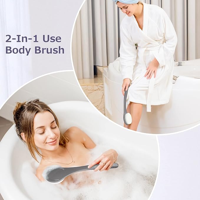 Bath Brush Long Handle for Shower, Soft Bristle Back Scrubber for Shower, Ergonomics Curved Long Handle Back Brush Exfoliating Body Scrubber with Hook and Lanyard-Grey