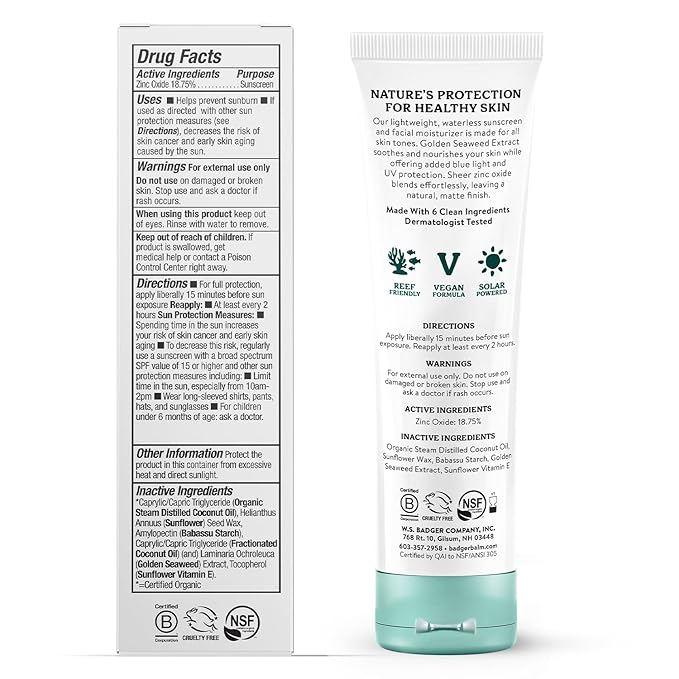 Badger Zinc Oxide Face Sunscreen SPF 30, Lightweight Mineral Sunscreen for Face, Matte Finish, No White Cast, Vegan, Water Resistant, Unscented, Mineral Sunblock Facial Lotion, 1.7 fl oz, 2-Pack