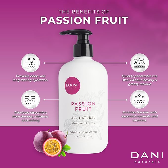 DANI Naturals Hand & Body Lotion - Juicy Passion Fruit Scented, Deep Hydration for Dry & Dull Skin with Shea Butter, Aloe Vera & Vitamin E, Vegan, Paraben-Free, 12 Oz