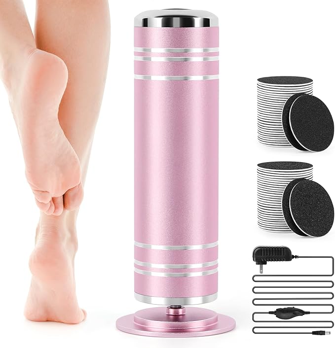 Electric Foot File Callus Remover: Adjustable Speed 1000RPM Feet File Grinder with 60 Pcs Sandpaper Discs - Professional Pedicure Tools for Dead Skin Calluses (Pink)