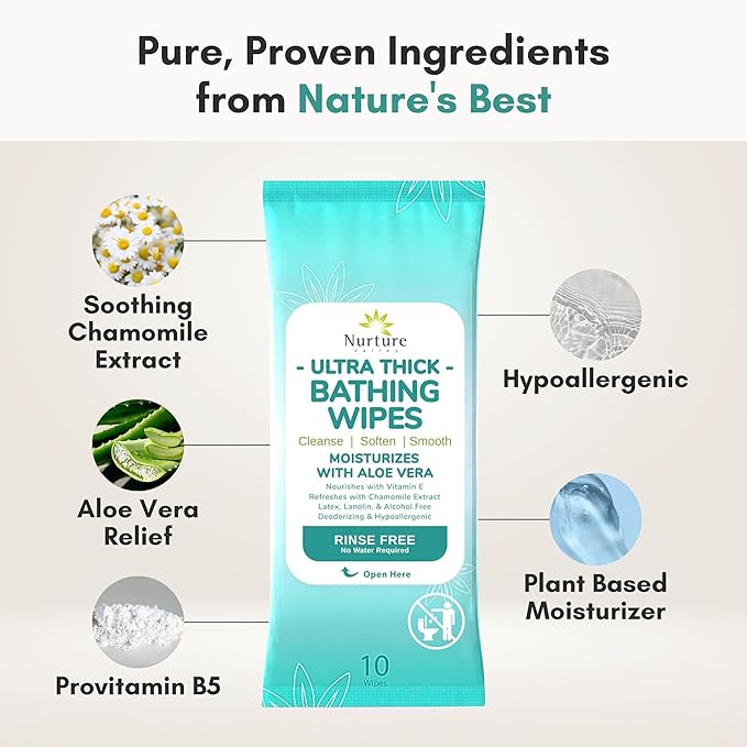 Nurture XL Ultra Thick Body Wipes for Adults w/Aloe | 120 Extra Large Disposable Cloth Wet Cleansing No Rinse Bathing Washcloths, Waterless Shower | Bath Wipe for Women, Men & Elderly