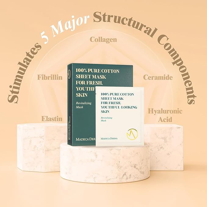 Madeca DERMA Revitalizing Sheet Mask 10pcs (100% Pure Cotton Sheets) with Centella Asiatica, Hyaluronic Acid, and Niacinamide – Korean Skincare for Hydration & Skin Brightening for All Skin Types