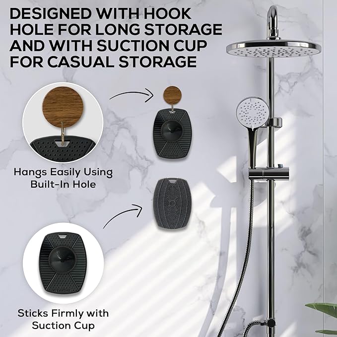 Silicone Body Scrubber – Exfoliating Shower Brush with Suction Handle & Hook, Soft Loofah for Men, Women, Babies, Gentle, Hygienic, Reusable - Graphite Black