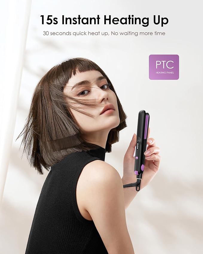 Mini Ceramic Flat Iron 0.7 Inch, Hair Straightener for Short Hair, Curls, Bangs - Adjustable Temperature, Portable Dual Voltage with Travel Pouch for Women, Men