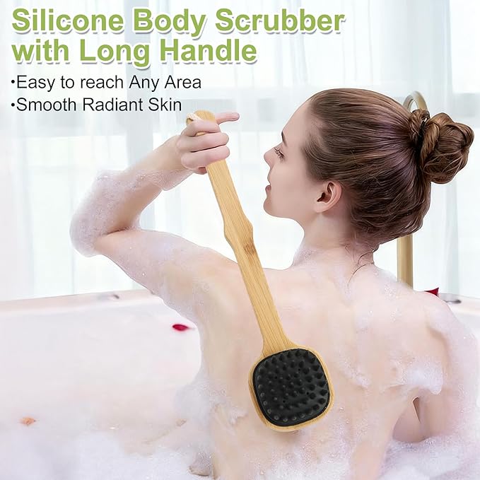 Silicone Back Scrubber for Shower, 2PCS Silicone Bath Body Brush Loofah with Long Handle, Dual-Sided Shower Brush for Body, Black Exfoliating Body Scrubber for Men Women, Back Washer for Men with Hook