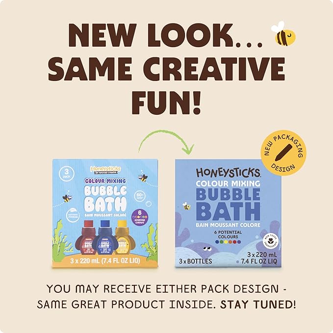Honeysticks Kids Bubble Bath 3 Pk (Blue, Red, Yellow): Non-Toxic, Plant Based, Non Irritating - Changes Water Color and Creates Super Foaming Bath Bubbles - Safe for Toddlers 1-3, Kids 4-8, Bath Toys