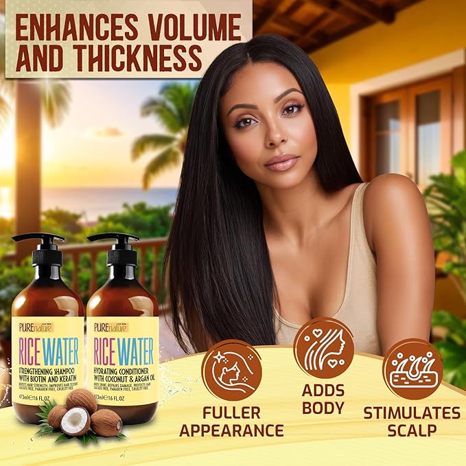 Rice Water Shampoo and Conditioner Set - Sulfate Free Formula for Fine Hair Women and Men - Volumizing and Thickening Formula for Thinning Strands - 16 Fl Oz (Set of 2)