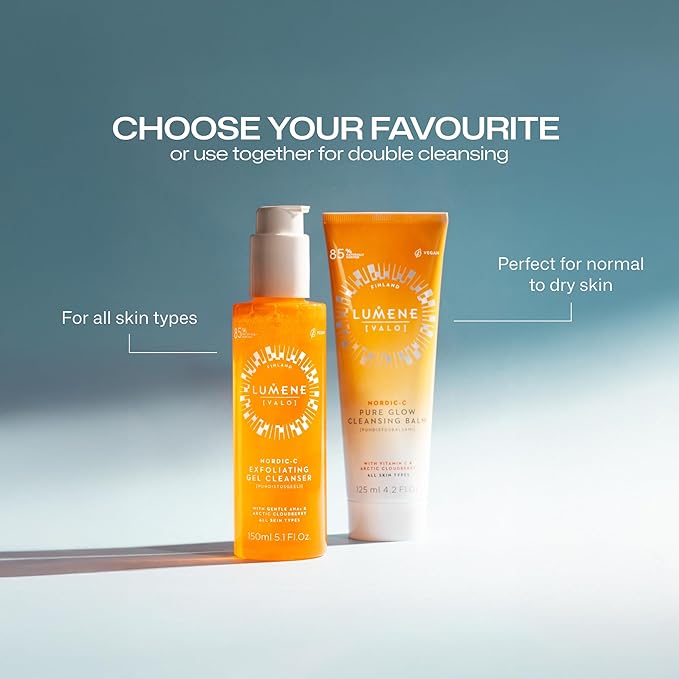 LUMENE Nordic-C [Valo] Exfoliating Gel Cleanser | Vitamin C & AHAs | Arctic Cloudberry Seed Extract | Removes Makeup & Impurities | Gentle Daily Exfoliation | Vegan & Upcycled Ingredients | 5.1 Fl.oz.