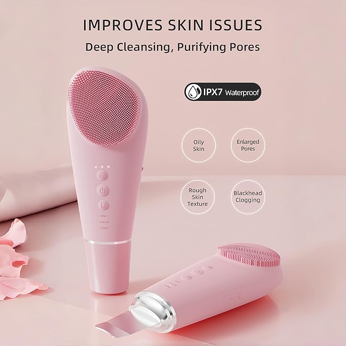 2 in 1 Electric Face Scrubber Silicone Facial Cleansing Brush, Exfoliator Scrubber & Skin Spatula Pore Cleaner Blackhead Remover Tools, Waterproof Face Brush Exfoliating Deep Cleaning Massager, Pink
