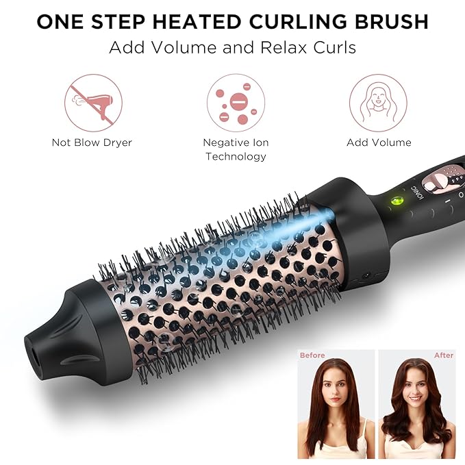 Aima Beauty Hair Curling Iron Brush, 1.5" Ceramic Hot Brush for Loose Curls, Dual Voltage & 60Mins Auto-Off, Black