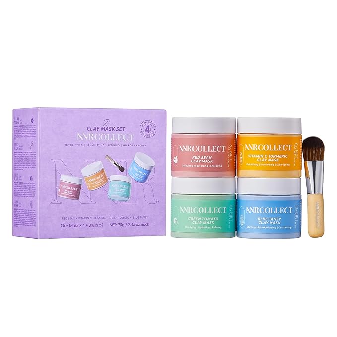 4Pcs Clay Mask Set, Kaolin Facial Spa Kit for Pore Cleansing & Glowing, Hydrating Mud Cream Wash-Off Mask for All Skin Types, Women and Men (70g*4+Brush)