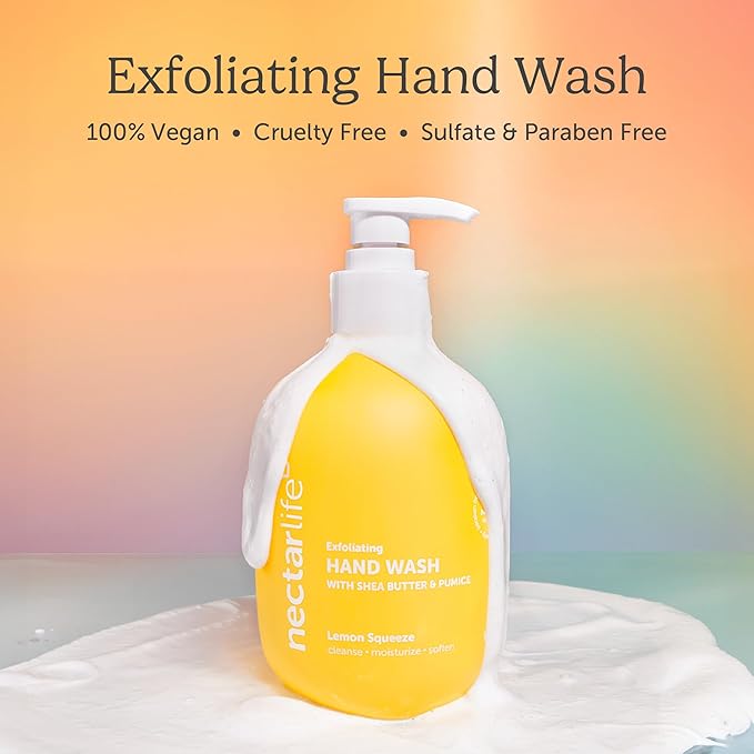 Nectar Life Exfoliating & Moisturizing Hand Wash 3-Pack, Volcanic Pumice for Hand Scrub, Shea Butter Softens Hands, Clean Vegan Ingredients, Lemon Scent