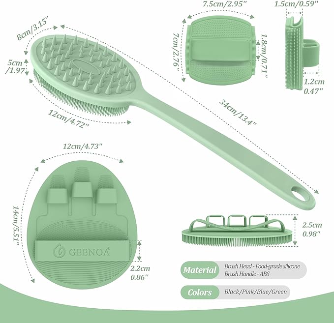 Silicone Back & Face Scrubber & Bath Glove Set 3PCS, 13.4'' Gentle Back Scrubber with Dual-Side Head, 360° Anti-Slip Bath Glove, Unique Side-bristled Face Scrubber for All-round Cleaning(Green)