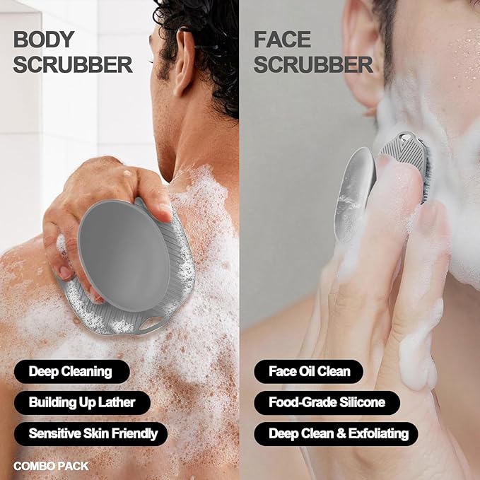 Soft Silicone Body Scrubber, Gentle Like a Hand Exfoliating Your Skin and Build Up Lather, Back Large Suction Cup Easy to Store, & Deep Clean (Body Scrubber + Face Scrubber Gray)