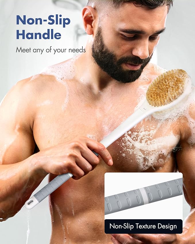 Back Scrubber Body Shower Brush: Anti Slip Long Handle Bath Brush with Stiff and Soft Bristles - Showering Exfoliator Wet or Dry Brushing for Women, Men, Elderly (Grey)