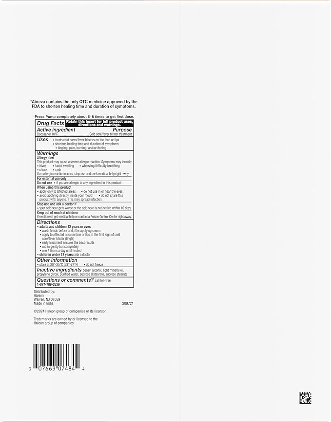 Abreva Docosanol 10% Cream Cold Sore Treatment, Fever Blister and Cold Sore Cream - 0.07 Oz Pump Bottle x 3