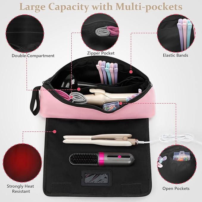 GNEGNI Hair Tools Travel Bag with Heat Resistant Mat, 2-in-1 Portable Hot Tools Organizer fits Curling Iron, Straightener & Hair Accessories, Travel Vacation Essentials(Blue/Pink) (Pink)