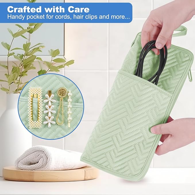 SITHON Hot Iron Holder & Mat, Heat Resistant Hair Tools Travel Bag Portable Hot Tools Organizer Cover Pouch for Curling Irons, Flat Irons, Hair Straightener and Styling Tools (Bag Only) (Green)