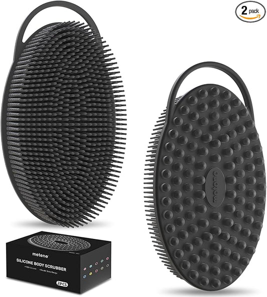 Metene 2 Pack Silicone Exfoliating Body Scrubber with Loop, Body Scrubber for Men and Women, Silicone Loofah for Shower, Soft Silicone and Bath Skincare Routine(Black)