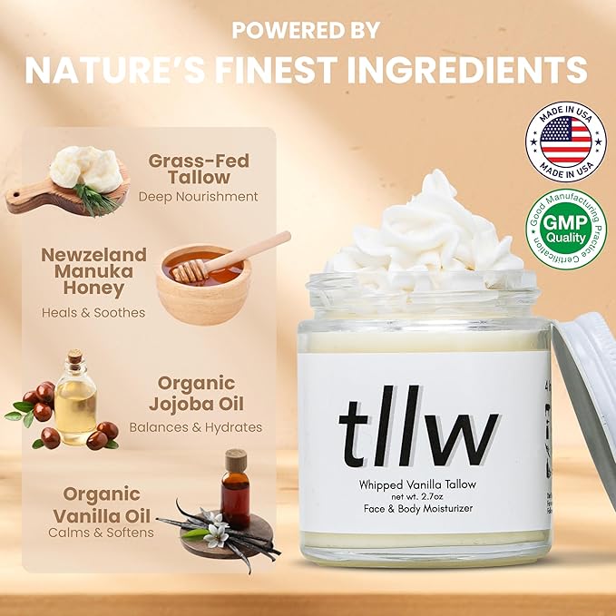 100% Grass Fed Beef tallow for face and body, Whipped Tallow Balm Moisturizer with Organic Jojoba Oil & Manuka Honey (2.7 oz, Vanilla Scented)