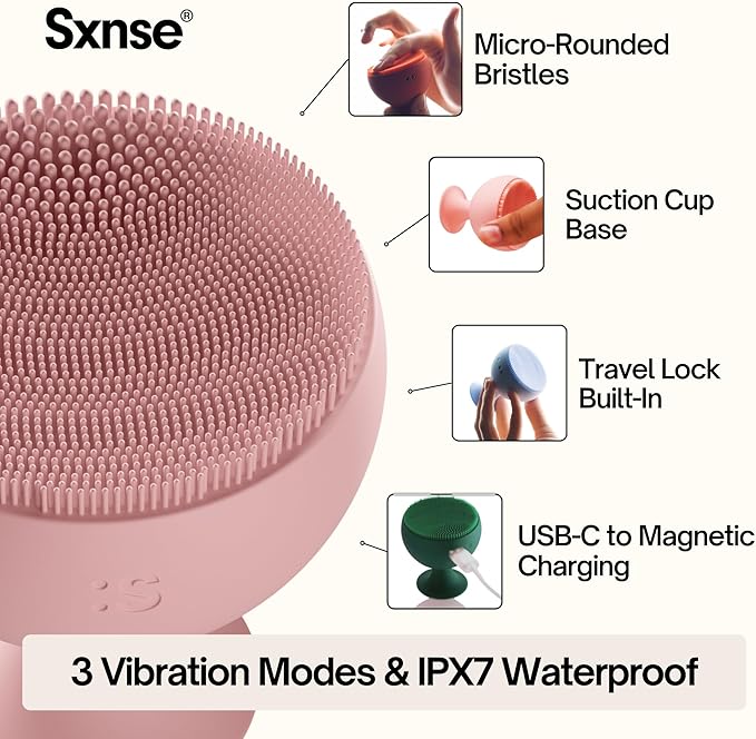 Palm Face Clean Pro⁺ - Electric Silicone Face Scrubber for Acne with 7000+ Sonic Pulses - IPX7 Waterproof Rechargeable Exfoliator with Slip-Free Grip, 3 Speed Settings & Phthalate-Free - Rose