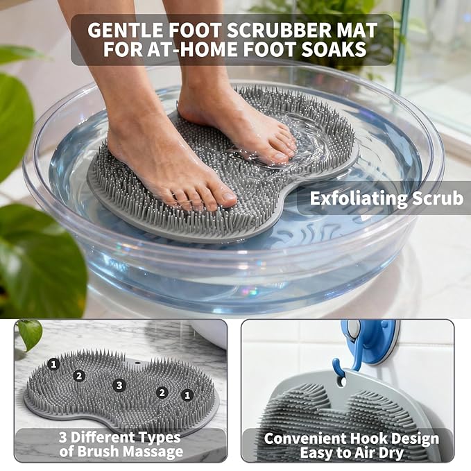 Shower Foot Scrubber Mat with 3 Types of Upgraded Brushes for Massage, Shower Back Scrubber with Micro Suction Cups,Back Washer,Shower Scrubber for Body at Home Spa (Gray)