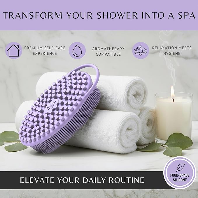 Silicone Body Scrubber for Shower - Gentle Exfoliating Back Scrubber with Soft Bristles - Avilana Premium Dual Sided Bath Brush Massage - Loofah Alternative for Sensitive Skin - Gift Women Men