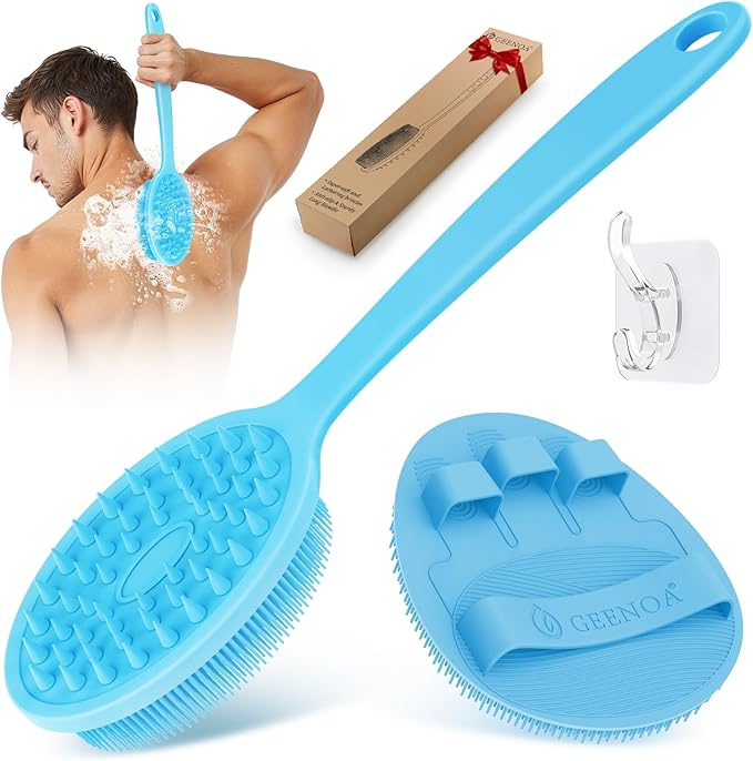 Silicone Back Scrubber & Bath Glove Set 2PCS, 13.4'' Gentle Shower Back Scrubber with Dual-Side Head Non-Slip Handle, 360° Anti-Slip Hand-fit Bath Glove for Rich Foaming Deep Cleaning(Blue)