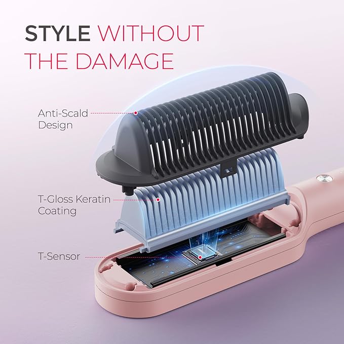 TYMO Ring Hair Straightener Brush – Hair Straightening Iron with Built-in Comb, 20s Fast Heating & 5 Temp Settings & Anti-Scald, Perfect for Professional Salon at Home, Sakura Pink