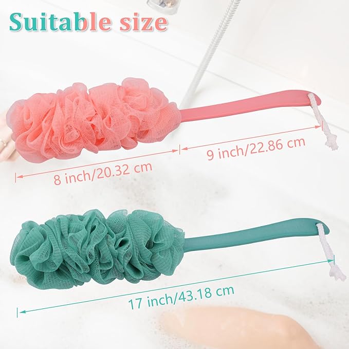 2Pack Back Scrubber for Shower Loofah with Long Handle, Shower Brush for Body, 17″ Loofah on a Stick for Men Women Bathing Accessories, Scrubber Sponge for Exfoliating Bath Brushes (Pink & Green)