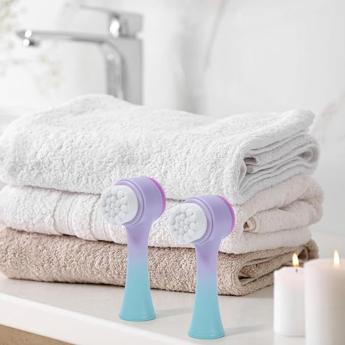 Face Brush 2 in 1, Silicone Facial Cleansing Exfoliating Brush Soft Bristles Pore Deep Cleansing Manual Dual Face Wash Scrub Brush For Massaging, Makeup Skincare Removal, Gradient Purple