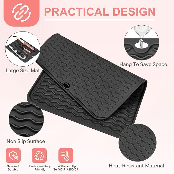 Oversize Silicone Heat Resistant Mat, Portable Travel Mat Cover with Velcro for Curling Irons, Flat Irons, Hair Straightener and Hot Hair Styling Tools(14.2" x 11")