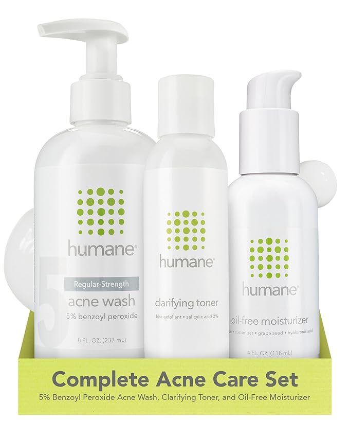humane Regular-Strength Acne Wash, Clarifying Toner and Oil-Free Moisturizer Bundle - 5% Benzoyl Peroxide Acne Treatment