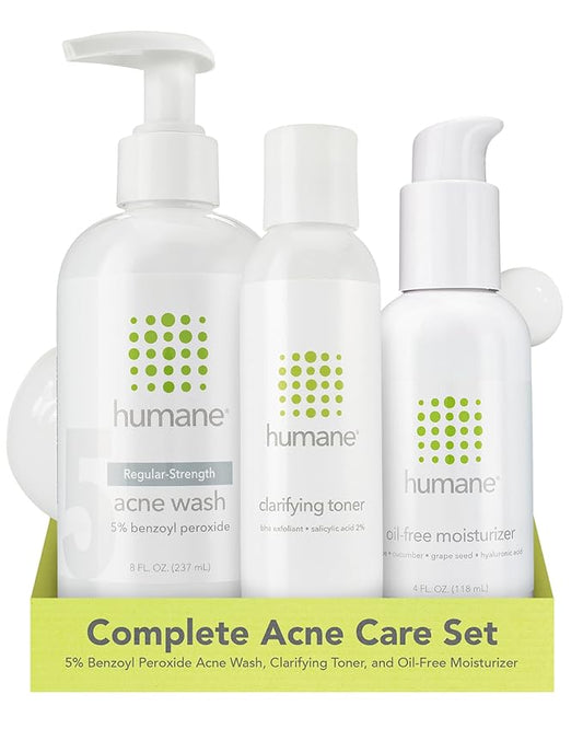 humane Regular-Strength Acne Wash, Clarifying Toner and Oil-Free Moisturizer Bundle - 5% Benzoyl Peroxide Acne Treatment