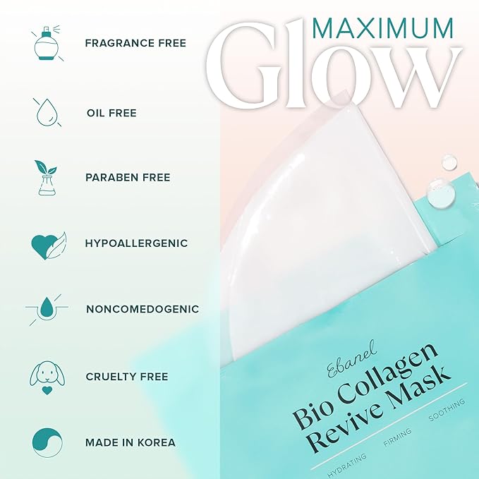 Ebanel Bio Collagen Face Mask, 4-Pack Hydrating Face Masks with 7 Peptides, Hyaluronic Acid, Niacinamide, Centella, Rose Water, Ceramide, and B5, Glass Skin Tightening and Lifting Korean Sheet Masks
