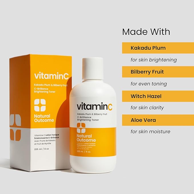 Natural Outcome C-Brilliance Vitamin C Toner for Face Daily Witch Hazel Facial Astringent with Kakadu Plum and Bilberry Fruit 8 oz Vegan, Fragrance Free