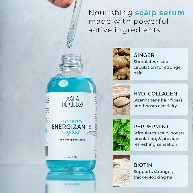 Agua de Cielo Hair Energizing Drops - Nourishing Hair Follicle Stimulator, Growth Oil Infused with Biotin, Ginger, Collagen & Peppermint, Supports Healthy Strands - 4 Oz
