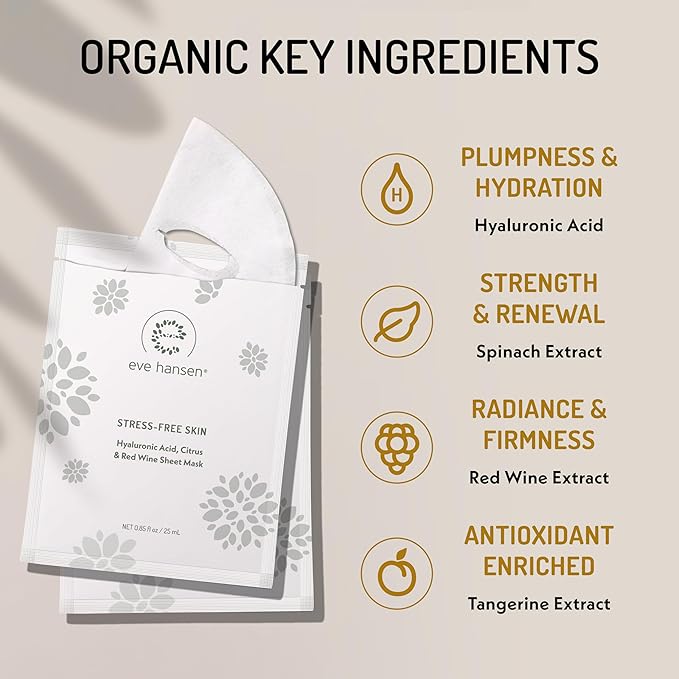 Eve Hansen Sheet Masks Set | Collagen and Hydrating Face Mask Sheet with Hyaluronic Acid, Red Wine Extract | 10x