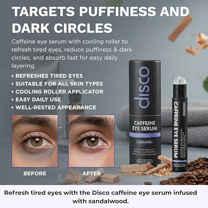Disco Eye Serum, 12% Caffeine 8% Hyaluronic Acid, Niacinamide Peptides, Puffy Bags Fine Lines Dark Circles Wrinkles, Sandalwood - Hydrating Vitamin C 360° Roller Massage Ball Anti-Aging Cream 0.5oz