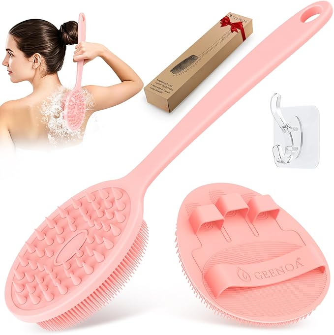 Silicone Back Scrubber & Bath Glove Set 2PCS, 13.4'' Gentle Shower Back Scrubber with Dual-Side Head Non-Slip Handle, 360° Anti-Slip Hand-fit Bath Glove for Rich Foaming Deep Cleaning(Pink)