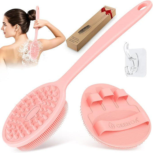 Silicone Back Scrubber & Bath Glove Set 2PCS, 13.4'' Gentle Shower Back Scrubber with Dual-Side Head Non-Slip Handle, 360° Anti-Slip Hand-fit Bath Glove for Rich Foaming Deep Cleaning(Pink)