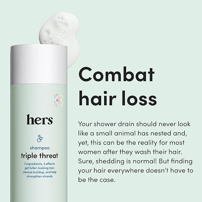 hers triple threat shampoo for hair that feels and looks thicker and stronger with biotin, saw palmetto, pumpkin seed oil, lightly scented with rose, helps control hair shedding, 2 pack, 6.4oz