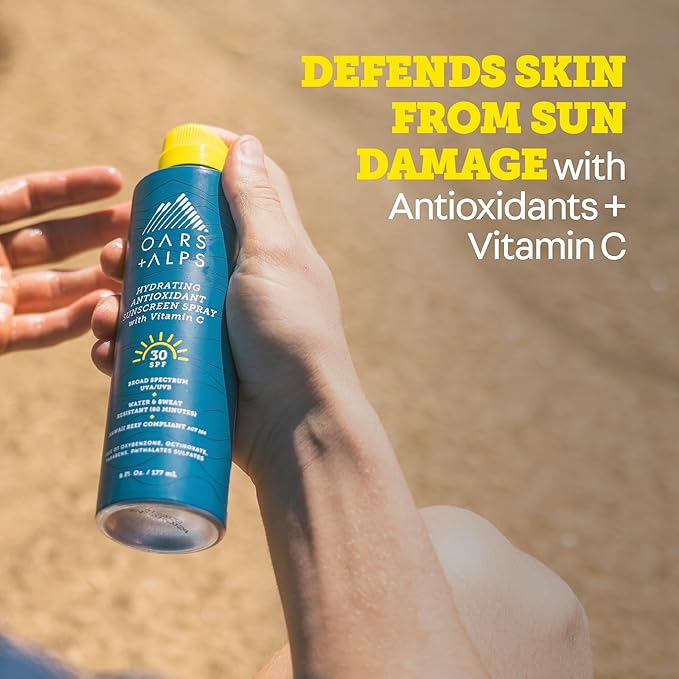 Oars + Alps Sunscreen Spray for Face & Body Spray Sunscreen Infused with Vitamin C & Antioxidants, No White Residue, Water & Sweat Resistant, All Skin Types, Lightweight, Hydrating, SPF 30, 6 Oz, 1pk