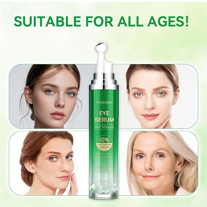 Eye Serum with 5% Caffeine & 5% Retinol for Dark Circles, Puffiness Puffy Bags & Wrinkles Fine Lines - Under Eye Roller Cream Anti Aging Treatment with 360° Massage Ball for Men and Women