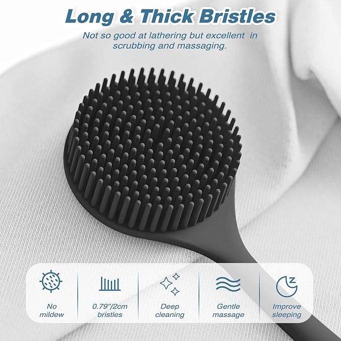 Manmihealth Silicone Back Scrubber(Thick Bristles) & Soft Bath Glove Set, Super-Exfoliating Body Scrubber & Super-Lathering Shower Brush Combination, with a Free Hook.(Black)