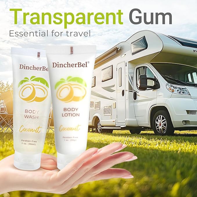 DincherBel Travel Size Body Wash and Body Lotion - Bulk Hotel Toiletries Supplies for Guests - Refreshing Tropical Coconut Scent Shower Gel and Body Cream for Men & Women (1 Fl Oz, 100 Pack)