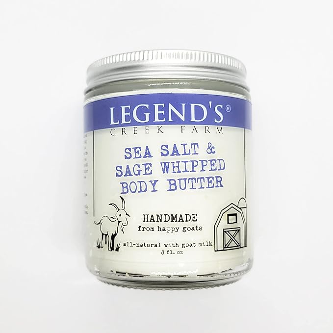 Legend's Creek Farm, Goat Milk Body Butter - Hydrating Natural Body Moisturizer with Organic Shea Butter & Grape Seed Oil - 8 Oz Purifying & Toning Whipped Body Butter (Sea Salt & Sage)