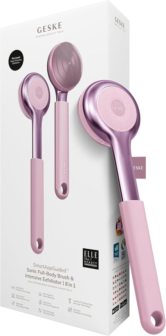 GESKE Sonic Full-Body Brush & Intensive Exfoliator | 8 in 1 | Electric Body Cleansing Brush | With SmartSonic Pulsations | Deep Cleansing, Exfoliation, Massage | Extendable Handle | Rough Skin Remover